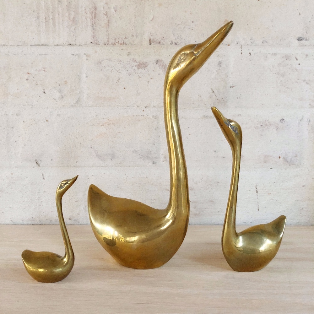 Vintage MCM Brass Trio of Swans